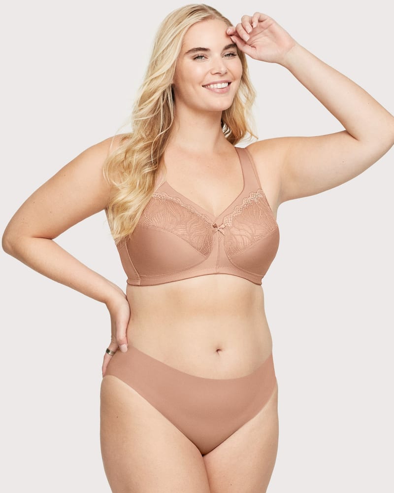 Front of a model wearing a size 38DD MagicLift Natural Shape Support Bra in Cappuccino by Glamorise. | dia_product_style_image_id:262741